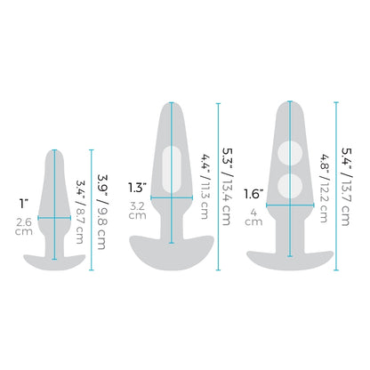 Small Silicone Butt Plug Insertable width: 1 inch / 2.6 centimetres; Insertable length: 3.4 inches / 8.7 centimetres; Length: 3.9 inches / 9.8 centimetres. Medium Rechargeable Vibrating Butt Plug insertable width: 1.3 inches / 3.2 centimetres Insertable length: 4.4 inches / 11.3 centimetres; Large Weighted Butt Plug insertable width: 1.6 inches / 4 centimetres; Insertable length: 4.8 inches / 11.2 centimetres; Length: 5.4 inches / 13.7 centimetres.