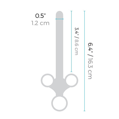 Lubricant Applicator insertable width: 0.5 inches / 1.2 centimetres; Insertable length: 3.4 inches / 8.6 centimetres; Total length: 6.4 inches / 16.3 centimetres.