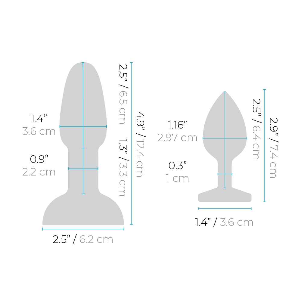 b-Vibe Rimmer Plug insertable width: 1.4" / 3.6 cm; Width of the neck area: 0.9" / 2.2 cm; Total width: 2.5" / 6.2 cm; Top of the plug length: 2.5" / 6.5 cm; Neck area length: 1.3" / 3.3 cm; Total length: 4.9" / 12.4 cm. Smaller silicone plug insertable width: 1.16" / 2.97 cm; Width of the neck area: 0.3" / 1 cm; Width: 1.4" / 3.6 cm; Insertable length: 2.5" / 6.4 cm; Length: 2.9" / 7.4 cm