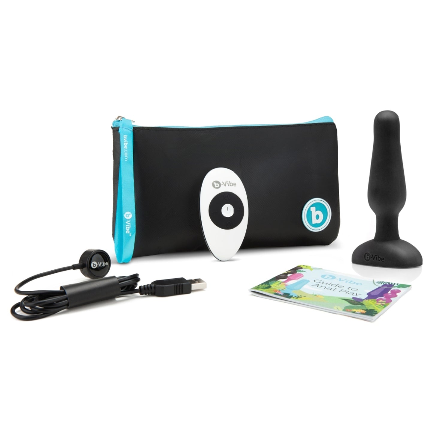 included in the packaging with the b-Vibe Novice Plug, b-Vibe storage bag, b-vibe USB Charging cable, and b-Vibe  Guide to Anal Play.