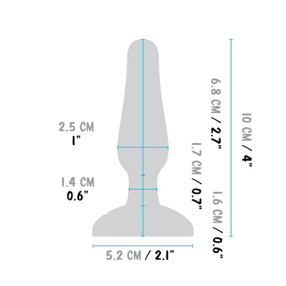 b-Vibe Novice Plug insertable width: 2.5 centimetres / 1 inch; Width at the neck area: 1.4 centimetres / 0.6 inches Total width: 5.2 centimetres / 2.1 inches; length from the tip: 6.8 centimetres / 2.7 inches; length of the neck area: 1.7 centimetres / 0.7 inches; Length of the base: 1.6 centimetres / 0.6 inches; Total length: 10 centimetres / 4 inches.