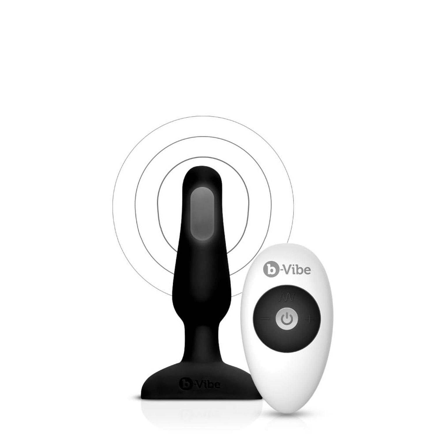 b-Vibe Novice Plug with animated circular vibrations waves coming from the tip, showing the vibrations are generated from.