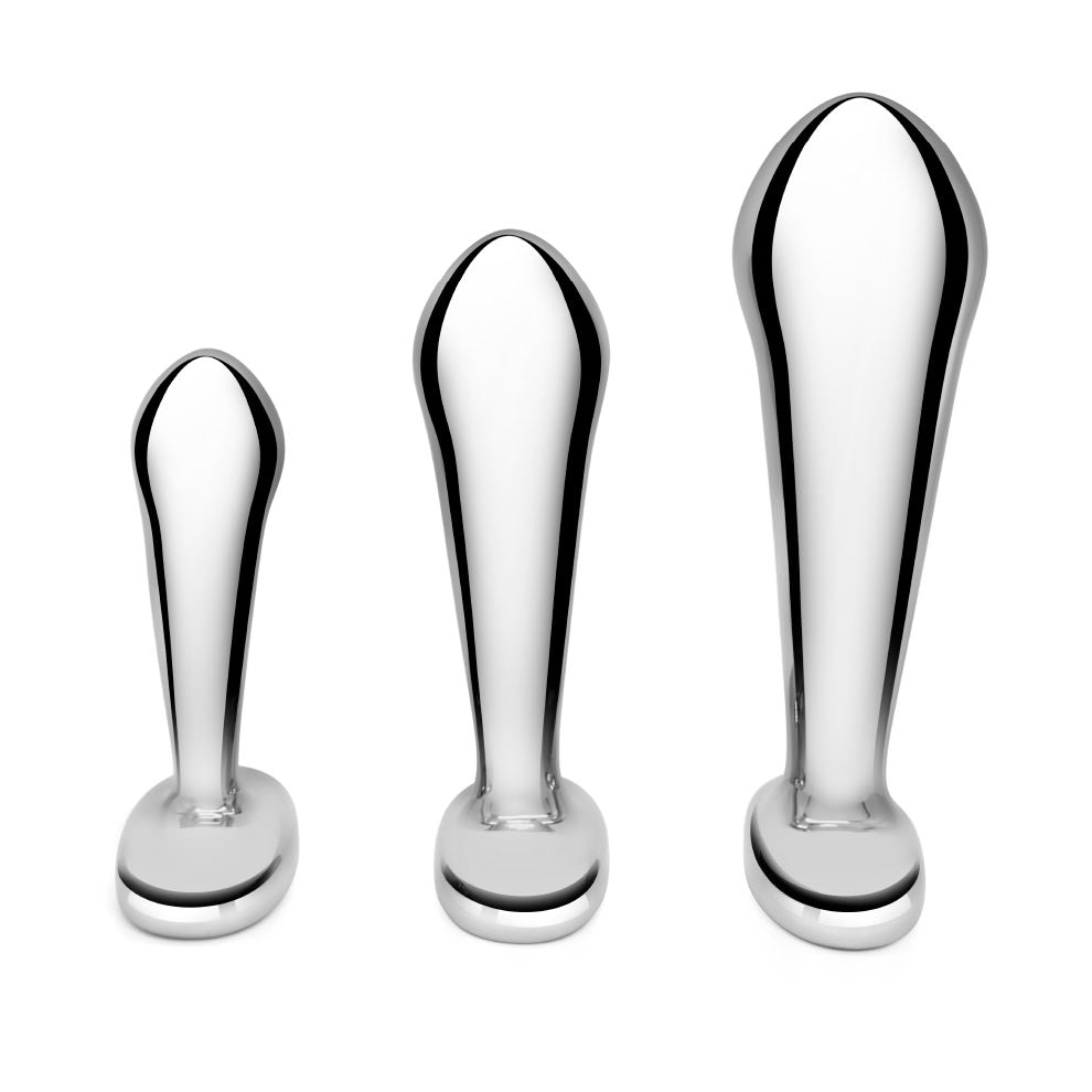 Back of the b-Vibe P-Spot Training Anal Plugs standing in a row from Smallest to Largest