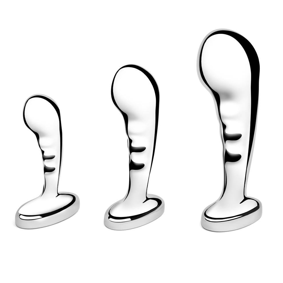 Front side view of the b-Vibe P-Spot Training Anal Plugs standing in a row from smallest to largest