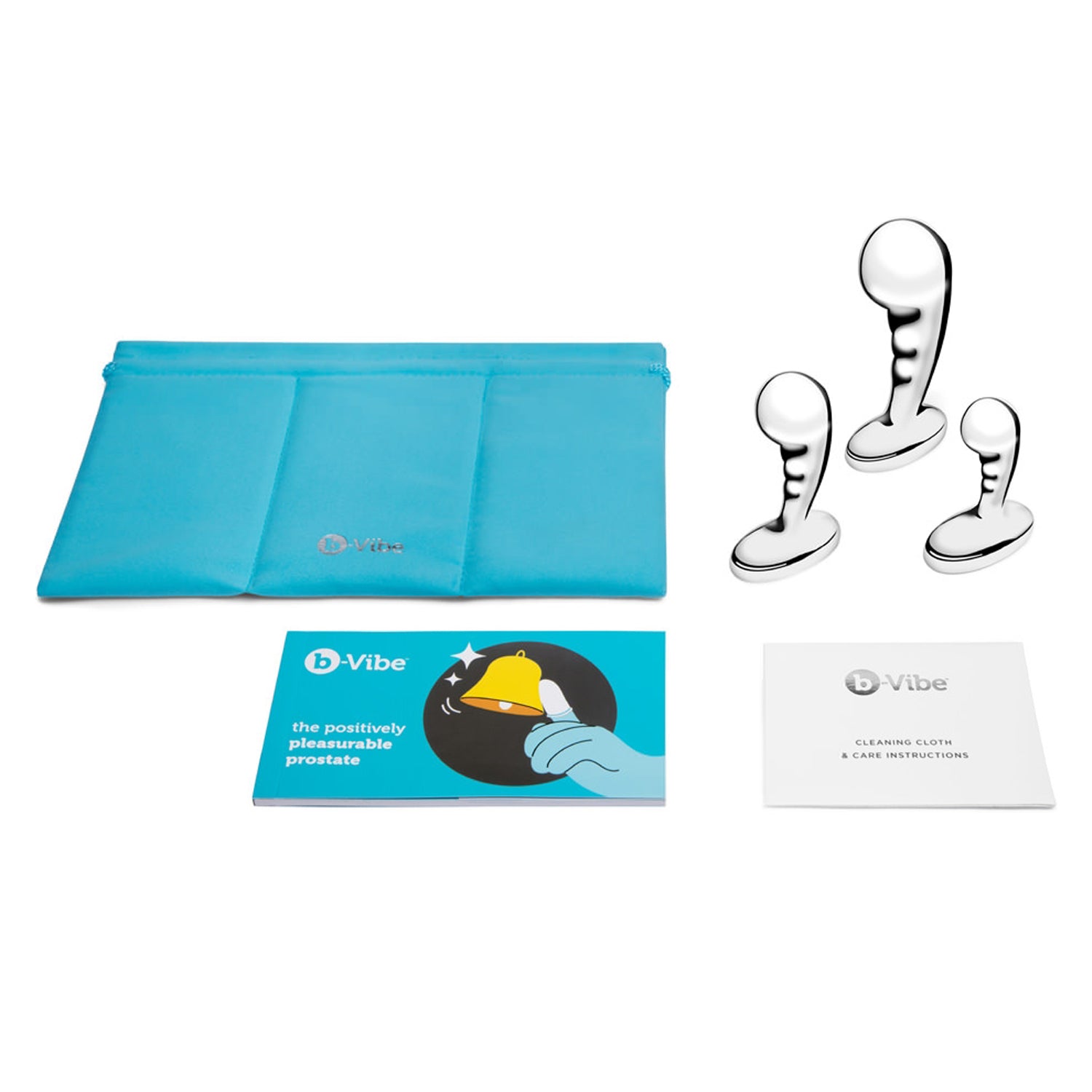 Included in the b-Vibe P-Spot Training Set is the b-Vibe Storage bag, Smallest to Largest Anal Plugs, b-Vibe The Positively Pleasurable Prostate Guide, and b-Vibe Cleaning Cloth & Care Instructions.