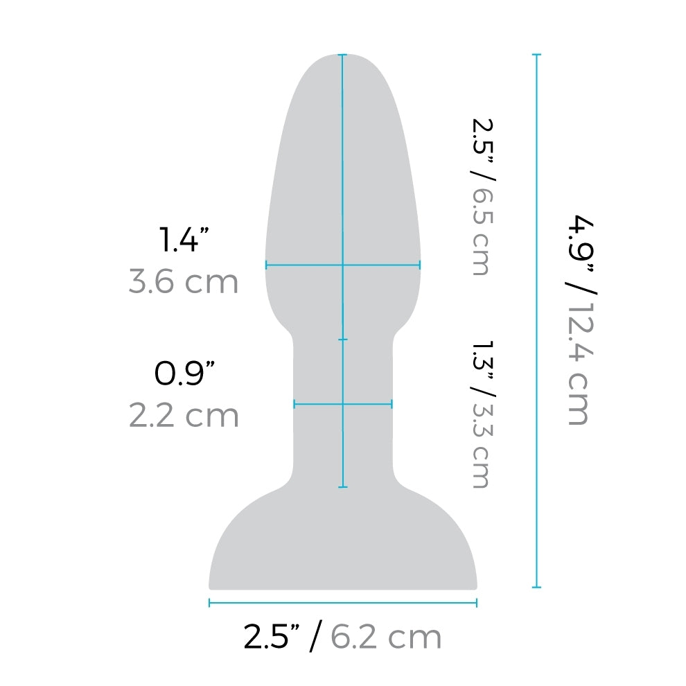 b-Vibe Rimming Plug Petite Insertable width: 1.4 inches / 3.6 centimetres; Insertable width at the neck: 0.9 inches / 2.2 centimetres; Plug width: 2.5 inches / 6.2 centimetres; Insertable length at the top: 2.5 inches / 6.5 centimetres; Length of the neck area: 1.3 inches / 3.3 centimetres; Plug length: 4.9 inches / 12.4 centimetres.