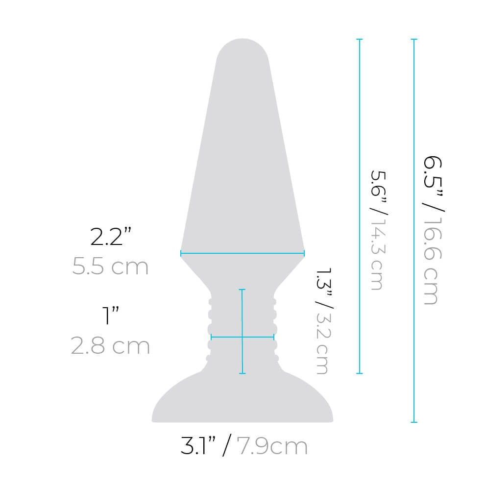 b-Vibe Rimming Plug XL Insertable width: 2.2 inches / 5.5 centimetres; Width of the neck area: 1 inch / 2.8 centimetres; Plug width: 3.1 inches / 7.9 centimetres; Length of the neck area: 1.3 inches / 3.2 centimetres; Insertable length: 5.6 inches / 14.3 centimetres; Plug length: 6.5 inches / 16.6 centimetres.