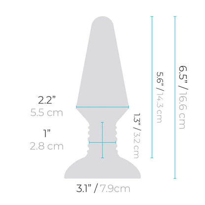 b-Vibe Rimming Plug XL Insertable width: 2.2 inches / 5.5 centimetres; Width of the neck area: 1 inch / 2.8 centimetres; Plug width: 3.1 inches / 7.9 centimetres; Length of the neck area: 1.3 inches / 3.2 centimetres; Insertable length: 5.6 inches / 14.3 centimetres; Plug length: 6.5 inches / 16.6 centimetres.