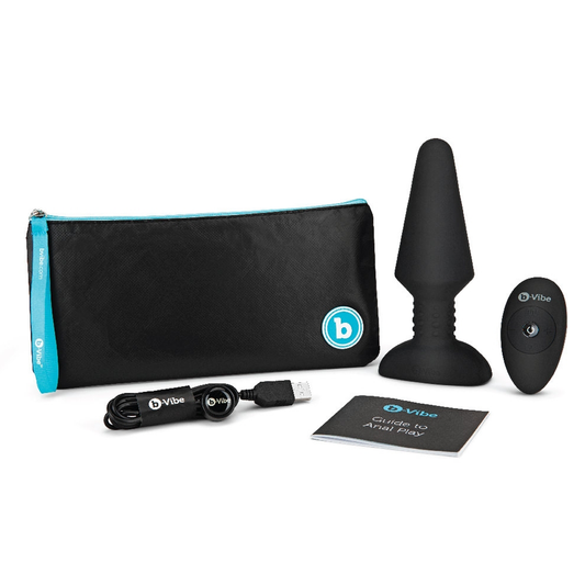 Included items: Storage case, b-Vibe Rimming Plug XL, Remote Control, USB charging cable, and b-Vibe Guide to Anal Play.