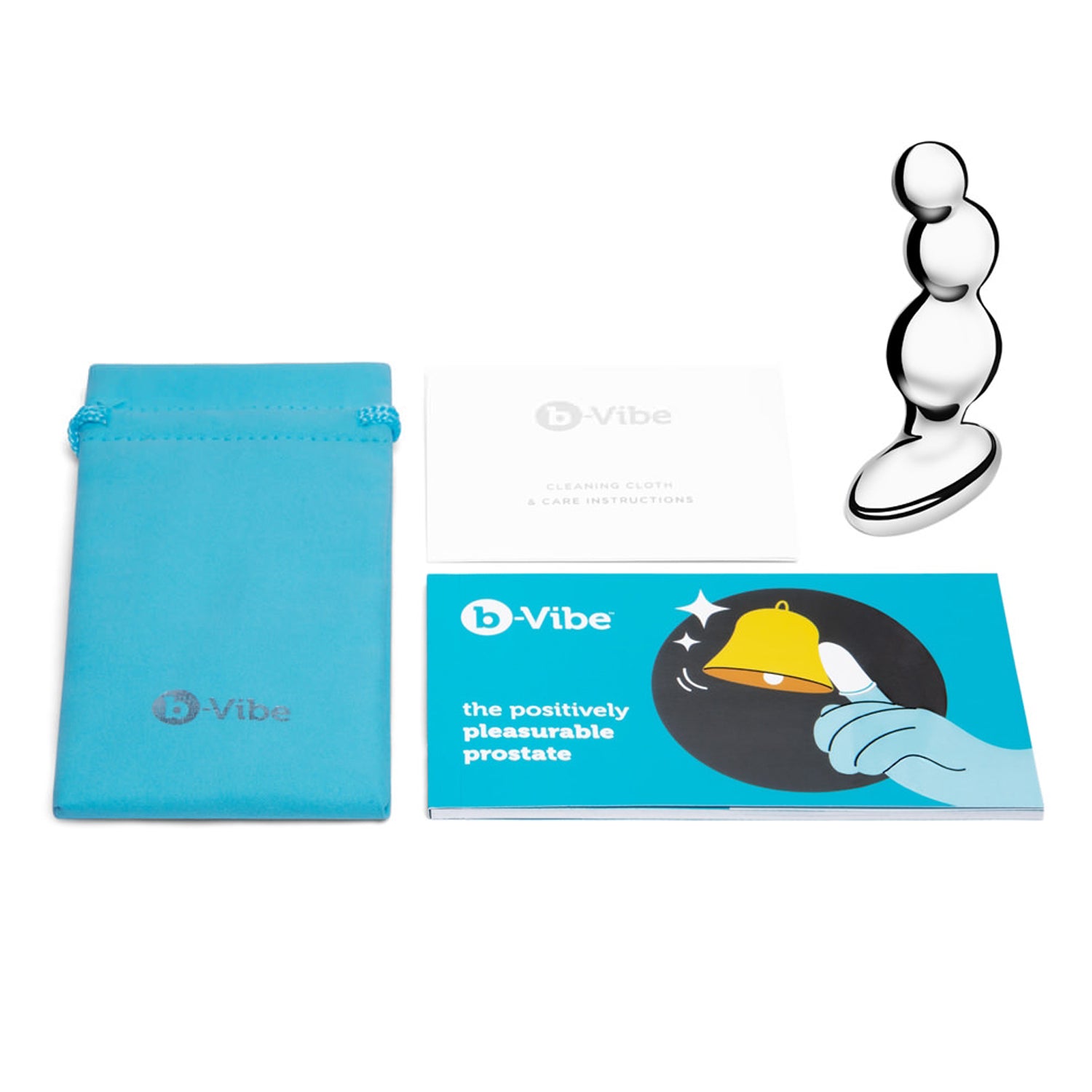 Included in the packaging with the b-Vibe Stainless Steel Anal Beads: b-Vibe storage bag, b-Vibe the Positively Pleasurable Prostate Guide, b-Vibe Cleaning Cloth & Care Instructions.