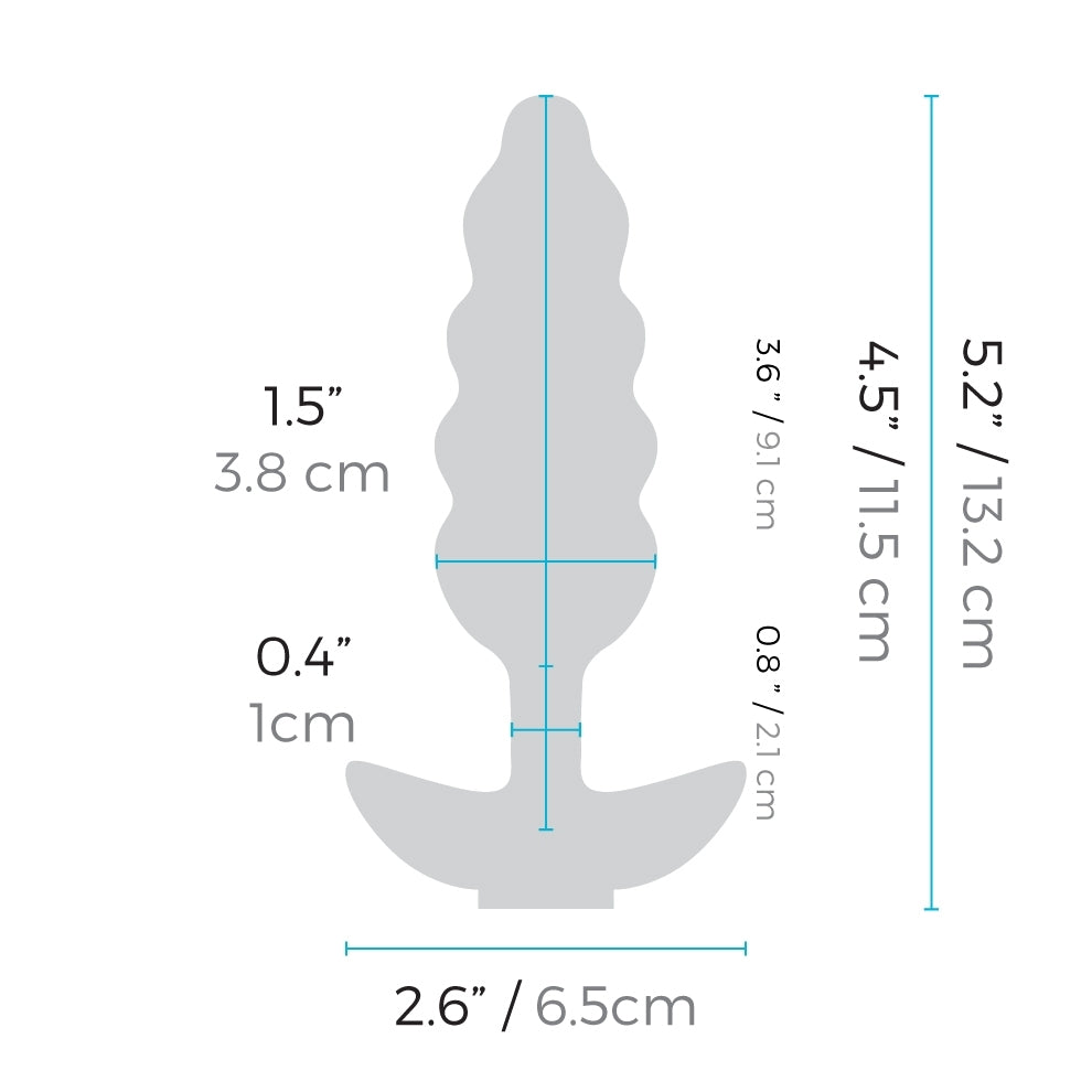 b-Vibe Unicorn Plug insertable width: 1.5 inches / 3.8 centimetres; Neck area width: 0.4 inches / 1 centimetre; Plug width: 2.6 inches / 6.5 centimetre; Bulbous end length: 3.6 inches / 9.1 centimetres; Neck area length0.8 inches / 2.1 centimetres; Insertable length: 4.5 inches / 11.5 centimetres; Plug length: 5.2 inches / 13.2 centimetres.