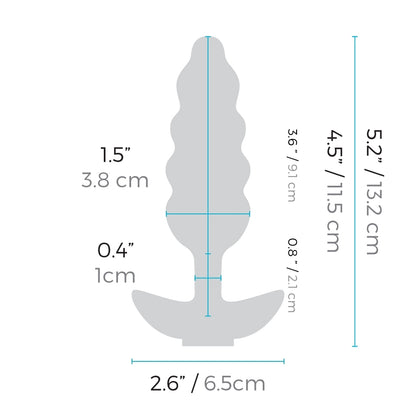 b-Vibe Unicorn Plug insertable width: 1.5 inches / 3.8 centimetres; Neck area width: 0.4 inches / 1 centimetre; Plug width: 2.6 inches / 6.5 centimetre; Bulbous end length: 3.6 inches / 9.1 centimetres; Neck area length0.8 inches / 2.1 centimetres; Insertable length: 4.5 inches / 11.5 centimetres; Plug length: 5.2 inches / 13.2 centimetres.