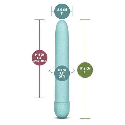 blush Gaia Eco Vibrator width: 2.4 centimetres / 1 inch; Insertable length: 14.6 centimetres / 5.8 inches; Insertable girth: 8.9 centimetres / 3.5 inches; Length: 17.8 centimetres / 7 inches.