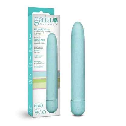 Image showing front of the packaging, and the blush Gaia Eco 7" Vibrator standing beside.