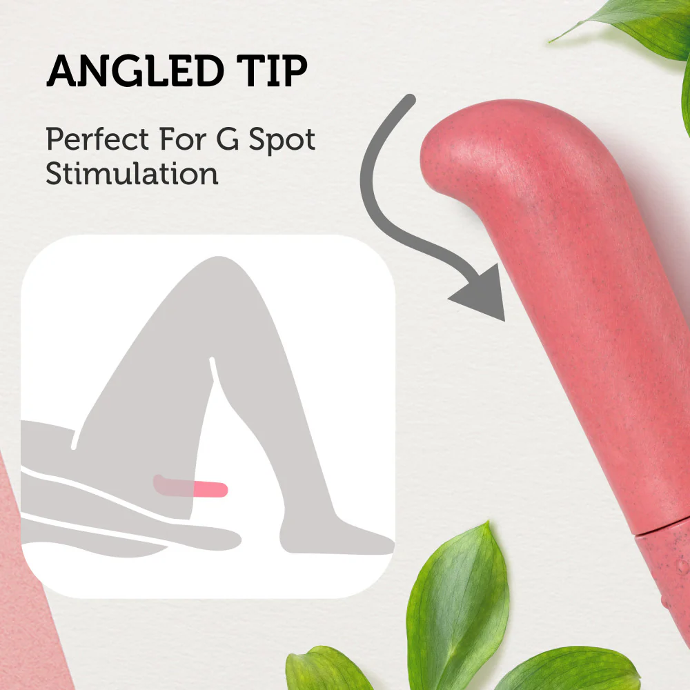 Promotional image with header "Angled Tip Perfect for G Spot stimulation", an arrow curving along the tip of the blush Gaia Eco G-Spot Vibe. On the left is a separated squared diagram showing the position of the Vibe inserted as a woman laying down.