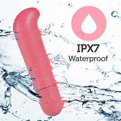 A back ground image of water waves and an image of the blush Gaia Eco G-Spot Vibe demonstrating  the Waterproof capabilities. On the top right is a feature icon for IPX7 Waterproof.