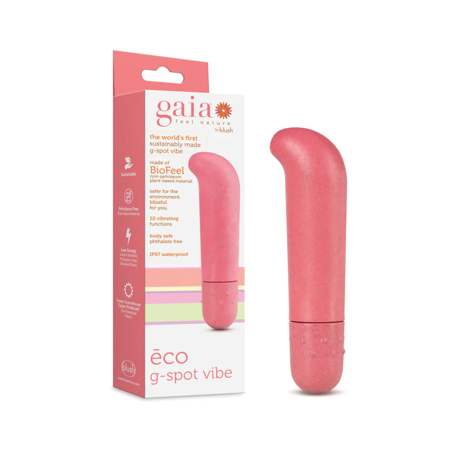 On the left side of the image is the front side of the packaging, and standing beside the packaging is the product blush Gaia Eco G-Spot Vibe.