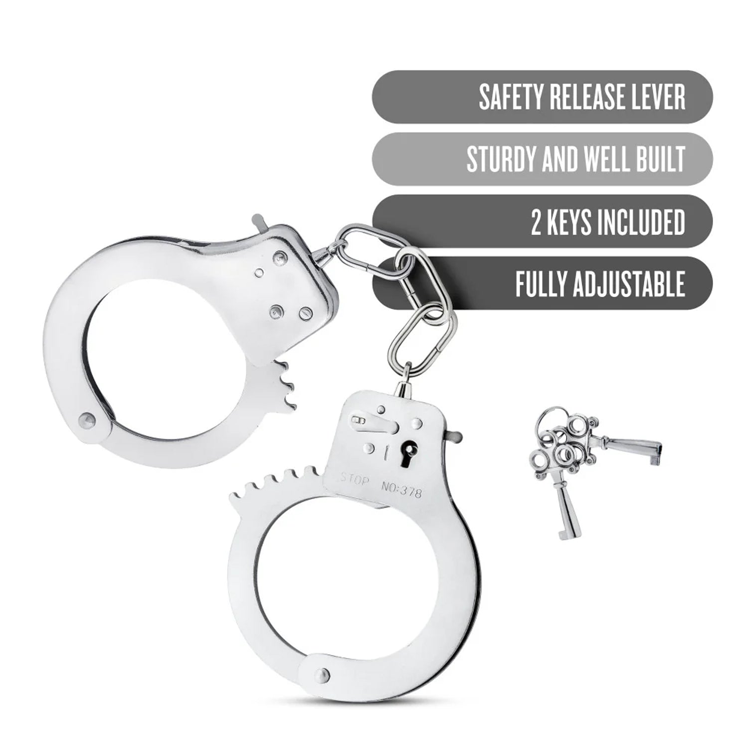 blush Temptasia Beginner Cuffs Features: SAFETY RELEASE LEVER; STURDY AND WELL BUILT; 2 KEYS INCLUDED; FULLY ADJUSTABLE.