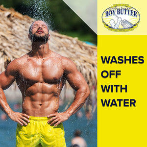 On the left side of the image is an out of focus background of a swimming area, and in focus water falling down on a shitless man, with swim shorts on, facing front as he's embracing the water falling from the top. On the right side is the H2O Based You'll never know it isn't Boy Butter condom safe - Premium Lubricant logo, and below is a caption: Washes off with water.