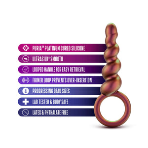 blush Anal Adventures Matrix Spiral Loop Plug features: Puria platinum cured silicone; Ultrasilk smooth; Looped handle for easy retrieval; Firmer loop prevents over-insertion; 4 progressing bead sizes; Lab tested & body safe; Latex & phthalate free.