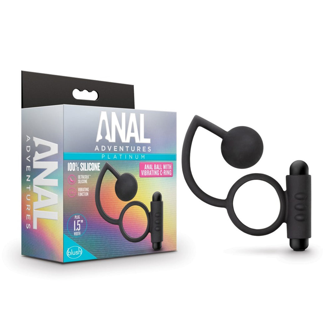 On the left side of the image is the product packaging, on the left side of the product packaging is written Anal Adventures. On the front packaging is written Anal Adventures Platinum 100% Silicone Anal Ball With Vibrating C-Ring, in the middle is the product, on the right side are icons for: Ultrasilk Silicone; Vibrating function, Plug 1.5