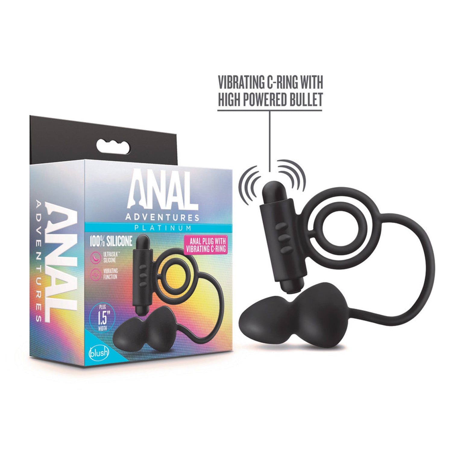 On the left side of the package is written Anal Adventures, on the front side of the package from the top is written Anal Adventures Platinum 100% Silicone Ultrasilk Silicone, and Vibrating Function. In the middle is the product displayed, and from right side is the product name Anal Plug with Vibrating C-Ring, on bottom left corner Plug 1.5" width, and below is the blush logo. On right side of the image is written Vibrating C-Ring with High Powered Bullet (pointing to the bullet on top of the cock ring).