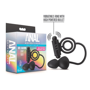 On the left side of the package is written Anal Adventures, on the front side of the package from the top is written Anal Adventures Platinum 100% Silicone Ultrasilk Silicone, and Vibrating Function. In the middle is the product displayed, and from right side is the product name Anal Plug with Vibrating C-Ring, on bottom left corner Plug 1.5" width, and below is the blush logo. On right side of the image is written Vibrating C-Ring with High Powered Bullet (pointing to the bullet on top of the cock ring).