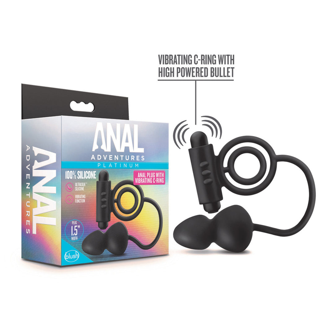 On the left side of the package is written Anal Adventures, on the front side of the package from the top is written Anal Adventures Platinum 100% Silicone Ultrasilk Silicone, and Vibrating Function. In the middle is the product displayed, and from right side is the product name Anal Plug with Vibrating C-Ring, on bottom left corner Plug 1.5