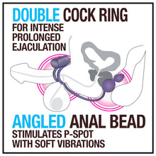 Load image into Gallery viewer, Diagram of the blush Anal Adventure Platinum Anal Plug With Vibrating C-Ring: Double cock ring for intense prolonged ejaculation. Angled Anal bead stimulates P-Spot with soft vibrations