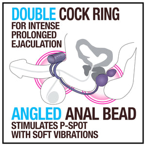 Diagram of the blush Anal Adventure Platinum Anal Plug With Vibrating C-Ring: Double cock ring for intense prolonged ejaculation. Angled Anal bead stimulates P-Spot with soft vibrations