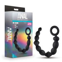 Load image into Gallery viewer, On the left side of the image is product packaging. On the left side of product packaging is written Anal Adventures. On the front packaging is written Anal Adventures Platinum 100% Silicone Beginner Anal Beads, in the middle is a picture of the product, on left side are icons for: Ultrasilk silicone; Platinum cured silicone, and on bottom right is the blush logo. On the right side of the image is the product blush Anal Adventures Platinum Beginner Anal Beads.