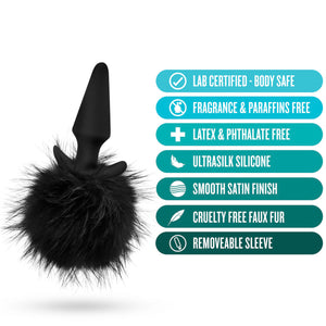 blush Anal Adventures Platinum Rabbit Tail Plug features: Lab certified - body safe; fragrance & Paraffins free; latex & Phthalate free; Ultrasilk silicone; smooth satin finish; cruelty free faux fur; removable sleeve.