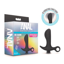 Charger l&#39;image dans la galerie, On right side of image is an icon for 10 vibrating functions, and below is the blush Anal Adventures Platinum Vibrating Prostate Massager 1. On left side of image is the packaging: from left side of package is written Anal Adventures. On front side of package is written Anal Adventures Platinum 100% silicone Vibrating Prostate Massager 1, in middle is product displayed, and on left side are product feature icons for:  Ultrasilk Silicone, Rechargeable Bullet and 10 Vibrating Functions.
