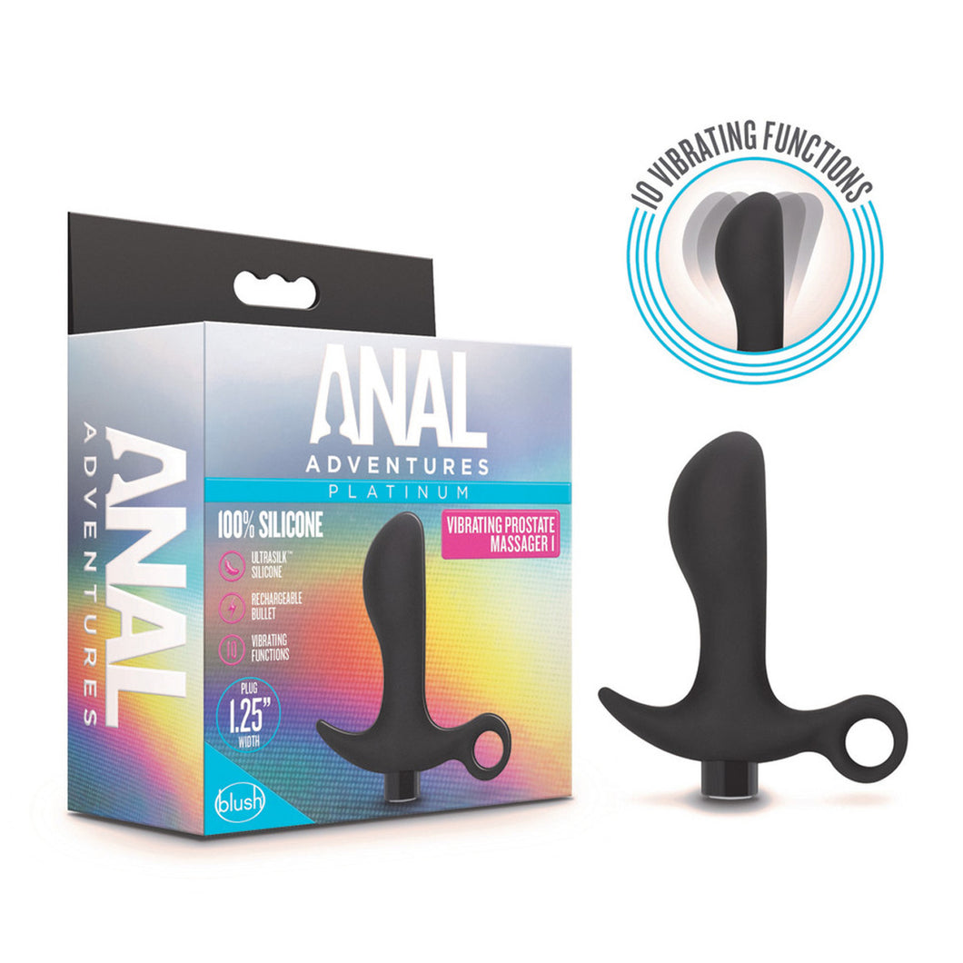 On right side of image is an icon for 10 vibrating functions, and below is the blush Anal Adventures Platinum Vibrating Prostate Massager 1. On left side of image is the packaging: from left side of package is written Anal Adventures. On front side of package is written Anal Adventures Platinum 100% silicone Vibrating Prostate Massager 1, in middle is product displayed, and on left side are product feature icons for:  Ultrasilk Silicone, Rechargeable Bullet and 10 Vibrating Functions.