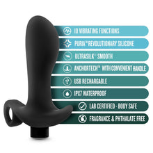 Load image into Gallery viewer, blush Anal Adventures Platinum Vibrating Prostate Massager 1 features: 10 vibrating functions; Puria revolutionary silicone; Ultrasilk smooth; Anchortech with convenient handle; USB rechargeable; IPX7 Waterproof; Lab certified - Body Safe; Fragrance &amp; Phthalate free.