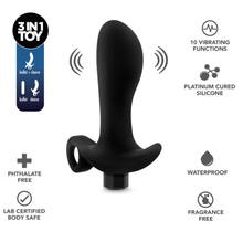 Load image into Gallery viewer, 3 in 1 Toy: Bullet + Sleeve, bullet and sleeve. Product features (top to bottom, left to right): Phthalate free, Lab Certified Body Safe, 10 Vibrating Functions, Platinum cured silicone, waterproof, fragrance free. In the middle is the blush Anal Adventures Platinum Vibrating Prostate Massager 1 with vibrating waves on the top of the product indicating vibrations.