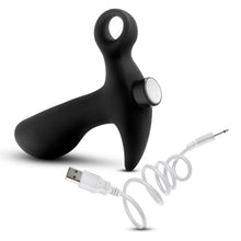 Load image into Gallery viewer, Back side of the blush Anal Adventures Platinum Vibrating Prostate Massager 1 with the power button visible on the back of the product, with the charging port underneath. Below the product is a USB charging cable.