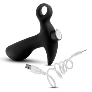 Back side of the blush Anal Adventures Platinum Vibrating Prostate Massager 1 with the power button visible on the back of the product, with the charging port underneath. Below the product is a USB charging cable.