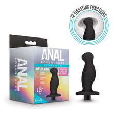 Load image into Gallery viewer, On right side of image is an icon for 10 vibrating functions, and below is product blush Anal Adventures Platinum Vibrating Prostate Massager 2. On right side of image is a package for product. On left side of packaging is written Anal Adventures. On front of package is written Anal Adventures Platinum 100% Silicone Vibrating Prostate Massager 2, in middle is the product, on left side are product feature icons for: Ultrasilk silicone; Rechargeable bullet; 10 Vibrating functions; Plug 1.25&quot; Width.