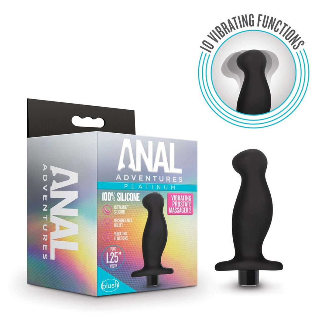 On right side of image is an icon for 10 vibrating functions, and below is product blush Anal Adventures Platinum Vibrating Prostate Massager 2. On right side of image is a package for product. On left side of packaging is written Anal Adventures. On front of package is written Anal Adventures Platinum 100% Silicone Vibrating Prostate Massager 2, in middle is the product, on left side are product feature icons for: Ultrasilk silicone; Rechargeable bullet; 10 Vibrating functions; Plug 1.25