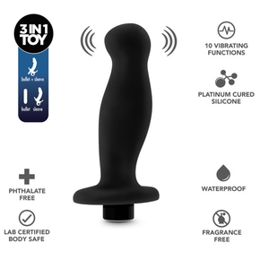 3 in 1 Toy: bullet + sleeve, bullet and sleeve. Product features (top to bottom, left to right): Phthalate free; Lab certified body safe; 10 Vibrating functions; Platinum cured silicone; waterproof; fragrance free. In the middle of the image is the blush Anal Adventures Platinum Vibrating Prostate Massager 2, with arched vibrations illustration from the front tip of the product, indicating are of vibration.