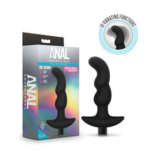 Load image into Gallery viewer, Right side of the image has an icon for 10 vibrating functions, and below is the product blush Anal Adventures Platinum Prostate Massager 3. On the left side of the image is the package, on the lef side of package is written Anal Adventures. On the front is written Anal Adventures Platinum 100% silicone Vibrating Prostate Massager 3, in the middle is the product, on the left side Ultrasilk silicone, Rechargeable bullet, vibrating functions, Plug 1.25&quot; Width, and blush logo on the bottom left corner.