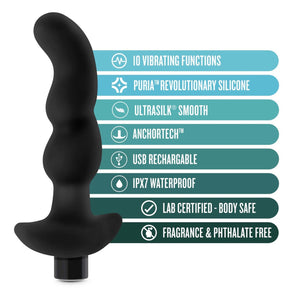 blush Anal Adventures Platinum Prostate Massager 3 features: 10 vibrating functions; Puria revolutionary silicone; Ultrasilk smooth; Anchortech; USB rechargeable; IPX7 waterproof; Lab certified - body safe; Fragrance & Phthalate free.