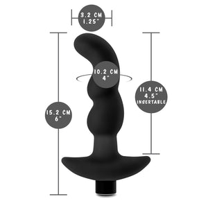 blush Anal Adventures Platinum Prostate Massager 3 measurements: Product width: 3.2 cm / 1.25"; Product length: 15.2 cm / 6"; Insertable circumference: 10.2 cm / 4"; 11.4 cm / 4.5" Insertable length.