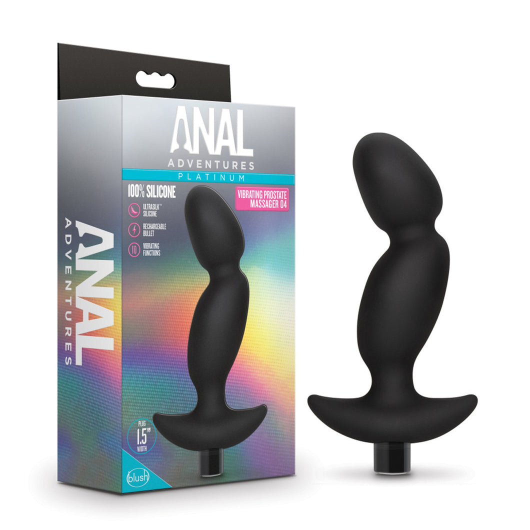 Packaging for the blush Anal Adventures Platinum Vibrating Prostate Massager 4, from the left side of the package is written Anal Adventures. On the front of the package is written Anal Adventures Platinum 100% Silicone Vibrating Prostate Massager 4; in the middle is the product; on the left side are product icons for: Ultrasilk silicone, Rechargeable bullet & 10 vibrating functions, below is the Plug 1.5