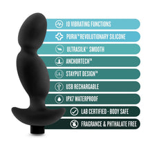 Load image into Gallery viewer, blush Anal Adventures Platinum Vibrating Prostate Massager 4 features: 10 vibrating functions; Puria revolutionary silicone; Ultrasilk smooth; Anchortech; Stayput Design; USB rechargeable; IPX7 Waterproof; Lab certified - body safe; Fragrance &amp; Phthalate free.