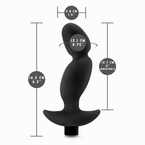 blush Anal Adventures Platinum Vibrating Prostate Massager 4 measurements: Product width: 3.8 cm / 1.5"; Product length: 16.5 cm / 6.5"; Insertable circumference: 12.1 cm / 4.75"; 12.7 cm / 5" insertable length.
