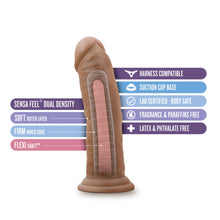 Load image into Gallery viewer, blush Au Naturel 8 Inch Mocha Dildo features: Sensa Feel Dual Density - Soft outer layer, Firm inner core, Flexi Shaft; Harness Compatible; Suction Cup Base; Lab Certified - body safe; Fragrance &amp; Paraffins free; Latex &amp; Phthalate free.