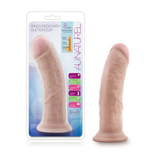 Load image into Gallery viewer, On left side of image is the product packaging. From top of package is written 8 Inch Dildo With Suction Cup 8 Inch Sensa Feel dual density: Soft outer layer; Firm inner core; Flexible spine. Au Naturel. Phthalate free; Lab certified body safe; Fragrance free; Flexible spine; Harness compatible; Suction cup base; and blush logo below. In middle of packaging stretching to left hand side is the product displayed. On right side of the image is the product blush Anal Naturel 8 Inch Vanilla Dildo.