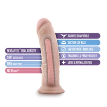 Load image into Gallery viewer, blush Au Naturel 8 Inch Vanilla Dildo features: Sensa Feel Dual Density - Soft outer layer, Firm inner core, Flexi Shaft; Harness Compatible; Suction Cup Base; Lab Certified - body safe; Fragrance &amp; Paraffins free; Latex &amp; Phthalate free.